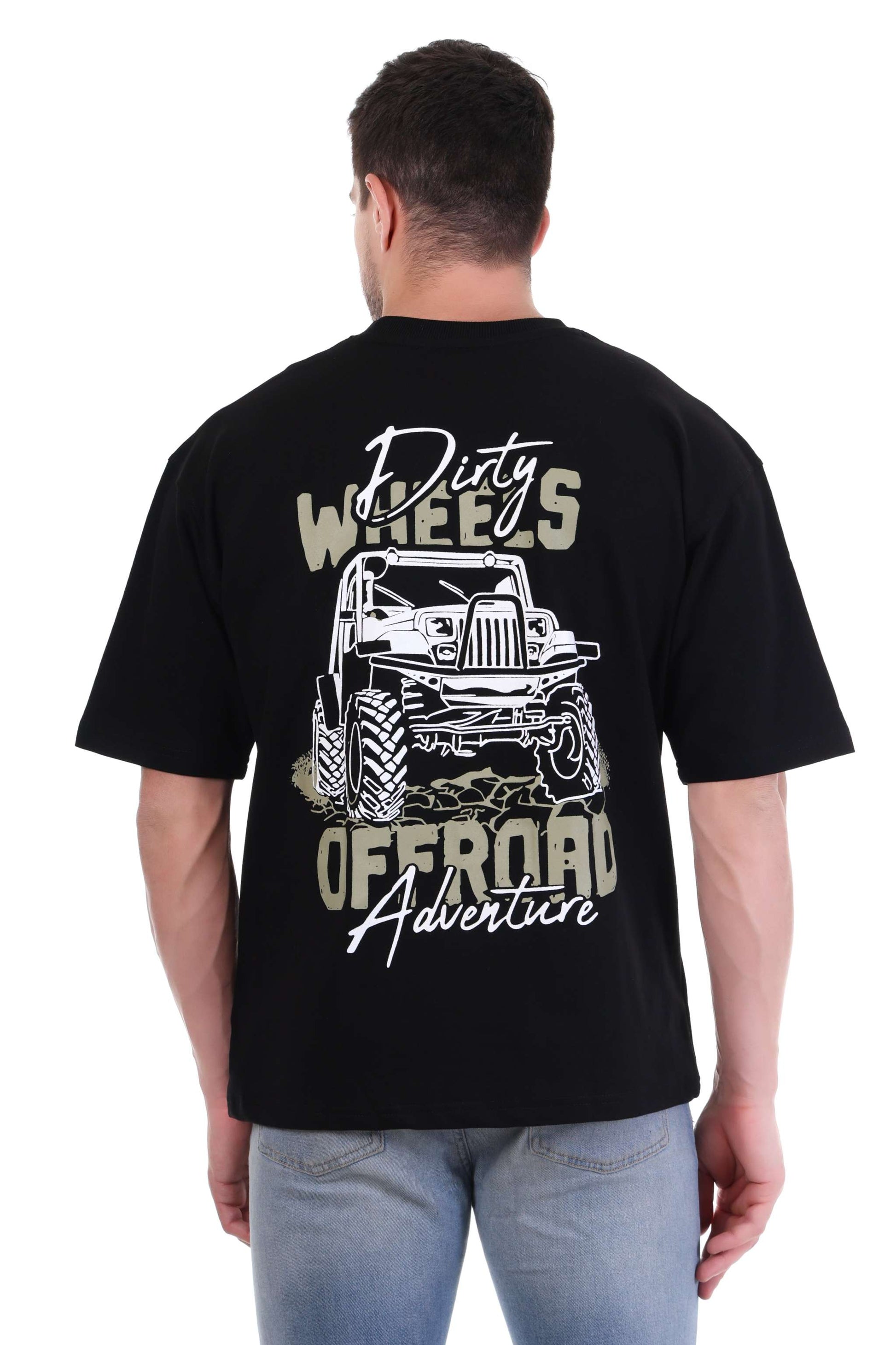 Offroad T-shirt for Men with Dirty Wheels Adventure Graphic in Black