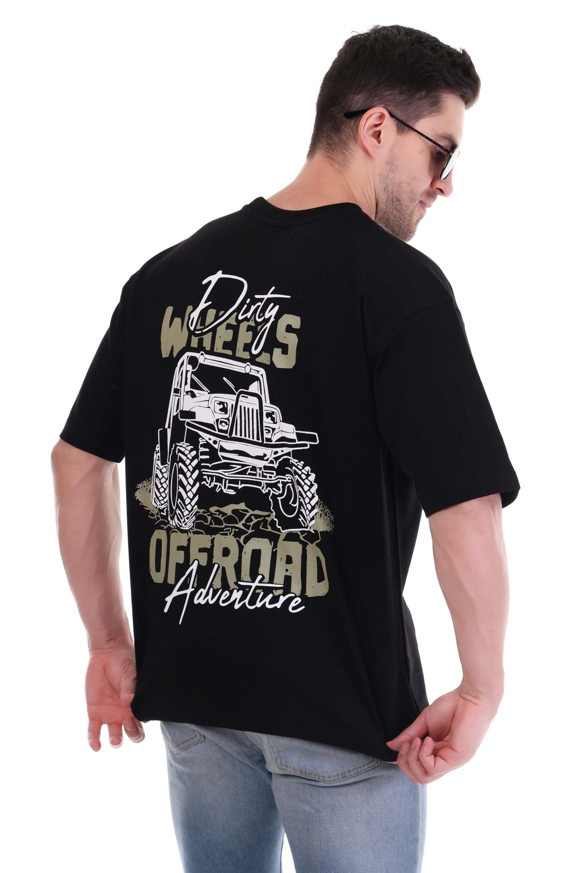 Offroad T-shirt for Men with Dirty Wheels Adventure Graphic in Black
