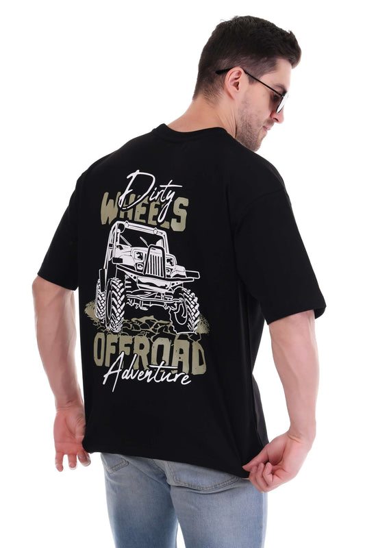 Offroad T-shirt for Men with Dirty Wheels Adventure Graphic in Black